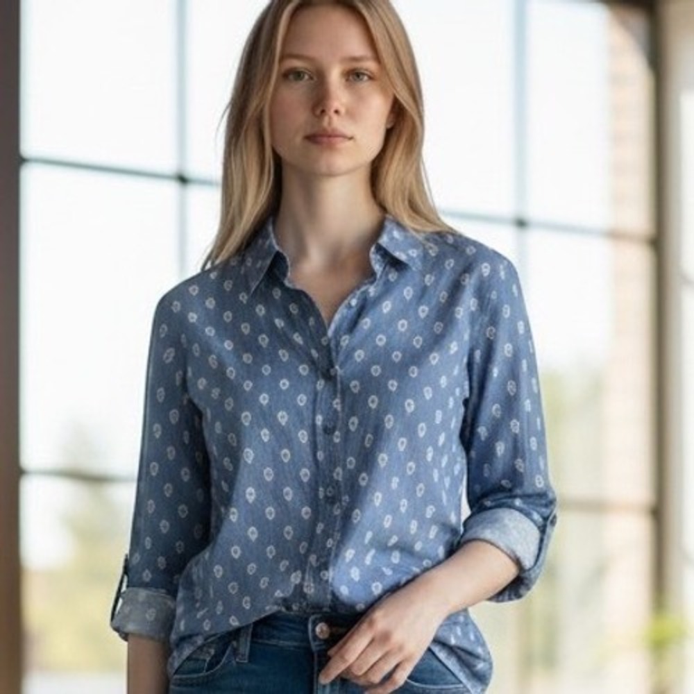 Garnet Hill Blue Floral Organic Pima Cotton Button Down Shirt Women's 8  Office
